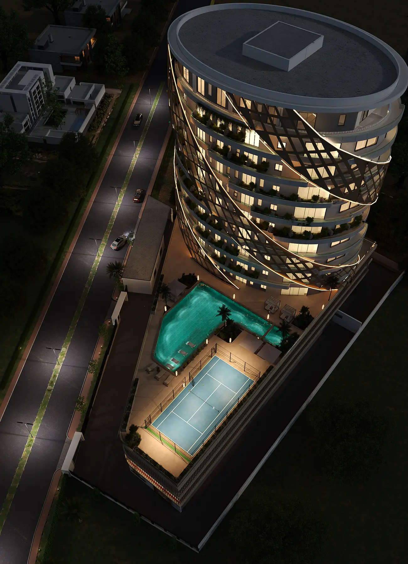 The Twist at night: a curved white tower wrapped in a lit gold trellis, with the rooftop pool and padel court below