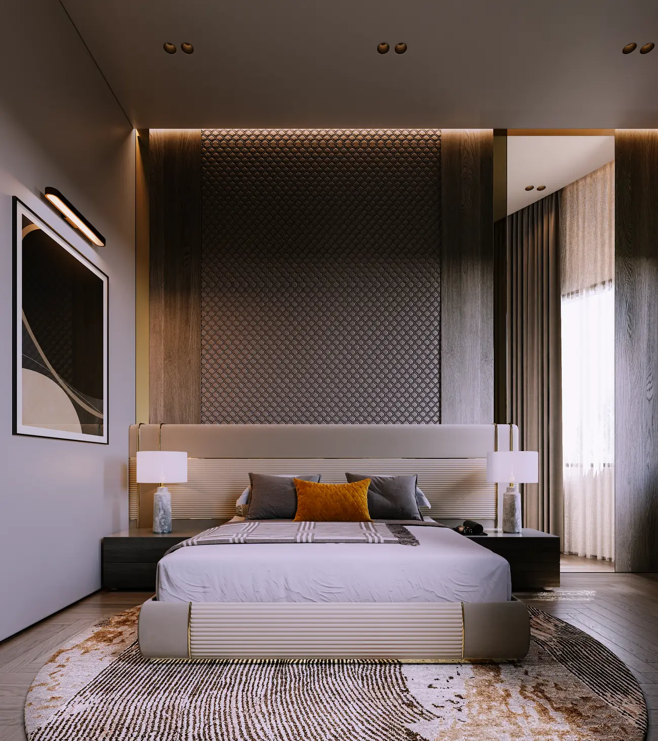 Main bedroom with a padded leather headboard wall and brass details