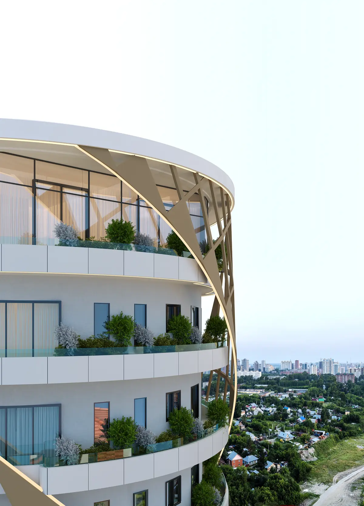 The crown of The Twist: curved glass, planted balconies and the gold trellis sweeping across the facade