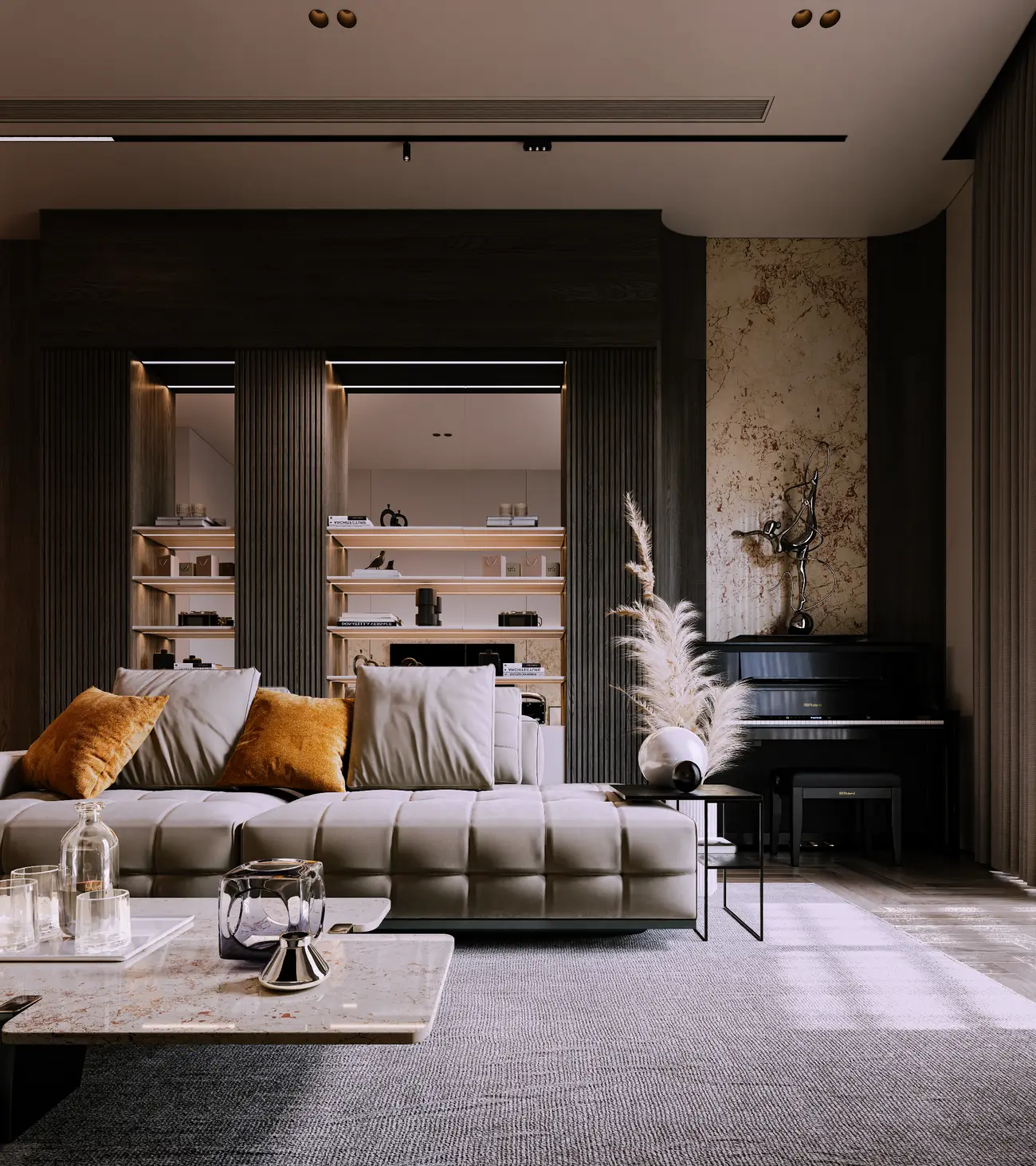 Lounge with marble wall panel, piano and sculptural lighting
