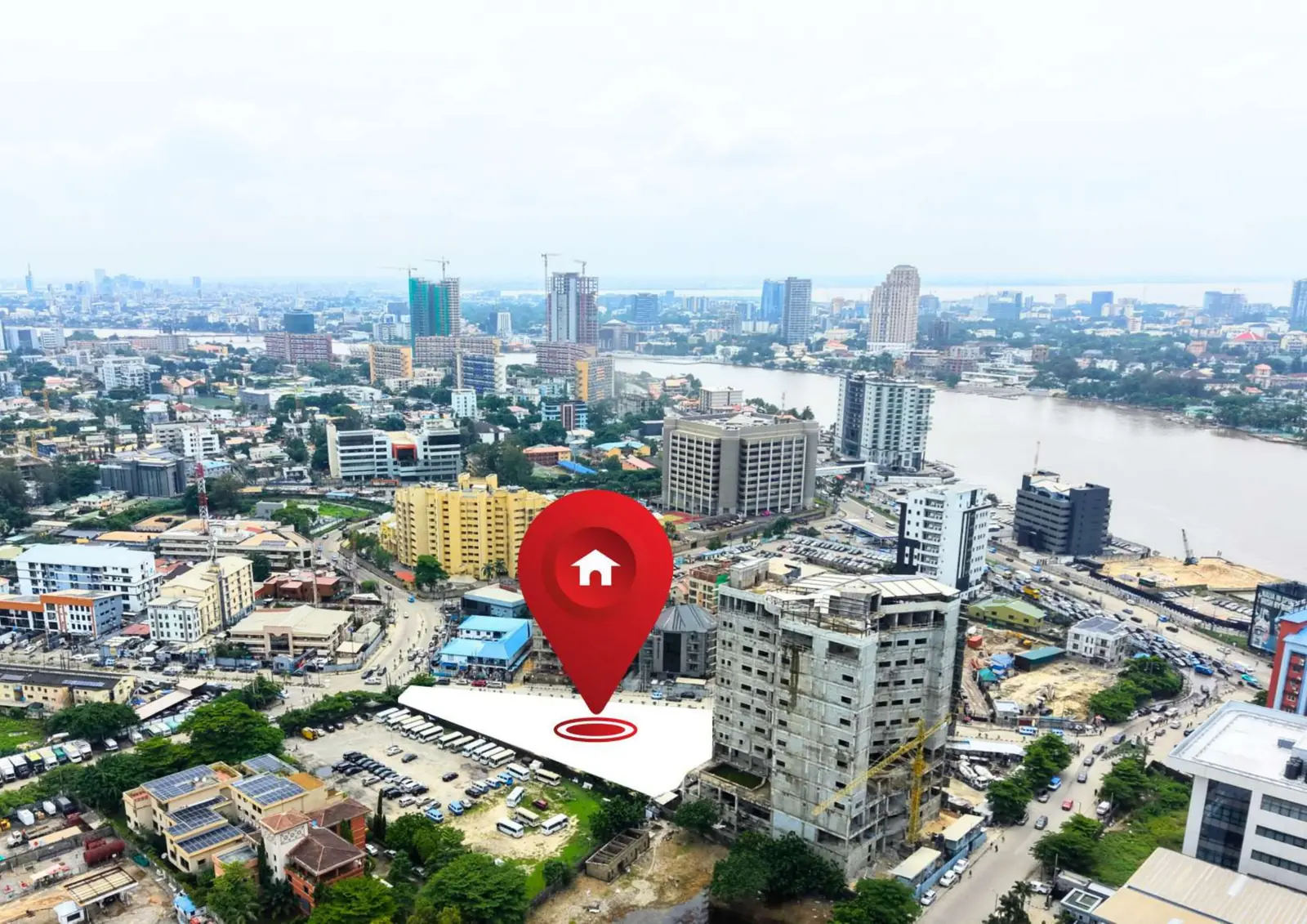 Aerial photo of Victoria Island with the site of The Twist marked, the lagoon and Ikoyi beyond